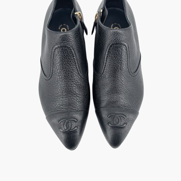 Chanel CC Black Leather Cap Toe Western Ankle Booties Oxfords Size 38.5 US 7.5-8 - Picture 4 of 14